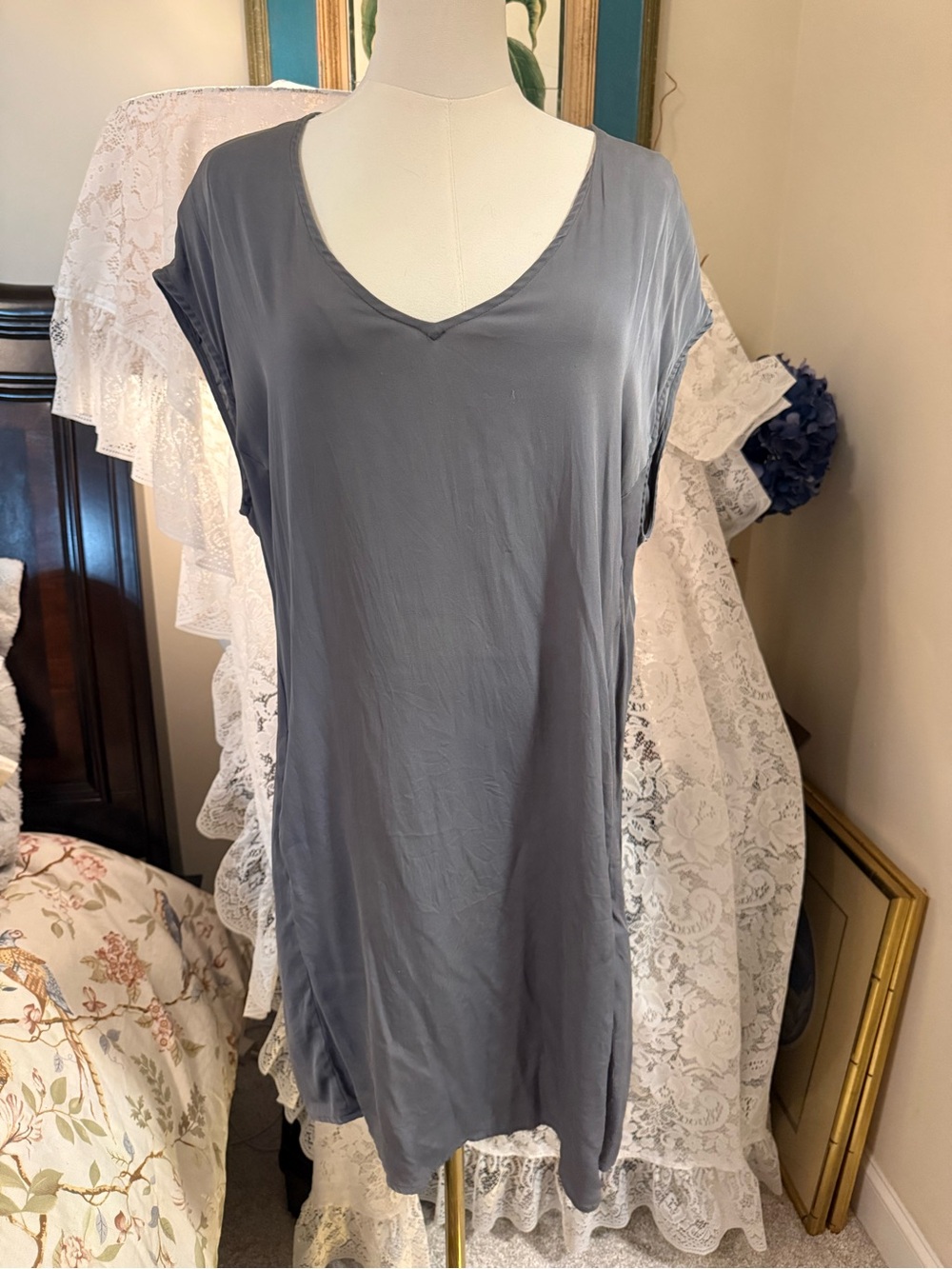 Silk Women's V-Neck Tunic Top in Slate Blue - Casual Easywear